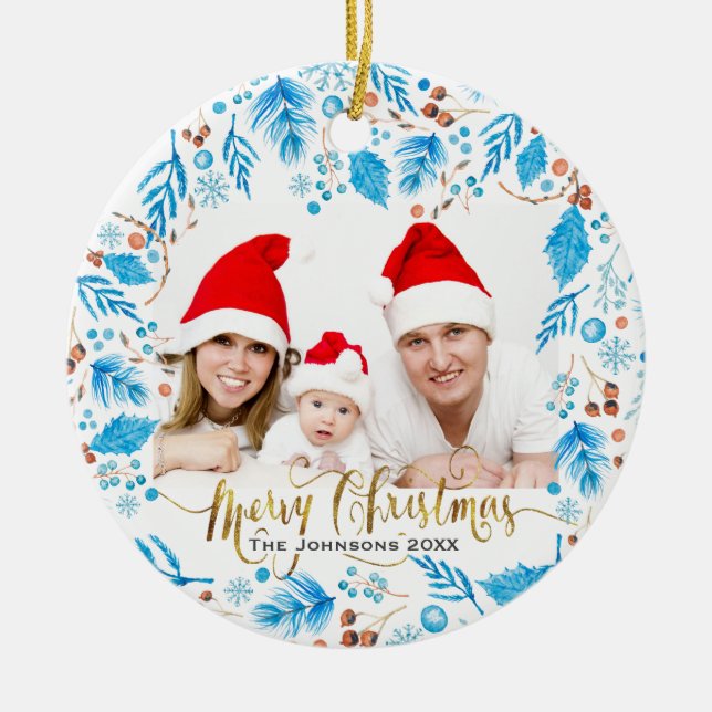 Ornamento De Cerâmica Natal Personalizado do Padrão de Inverno Elegante (Frente)