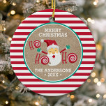 Ornamento De Cerâmica Natal Personalizado do Peppermint Santa Claus<br><div class="desc">Ornamento de Cerâmica de Natal Personalizado pela Peppermint Santa Claus. Design de Papai Noel bonitinho com fundo de listras de cana doce e doces de hortelã.</div>