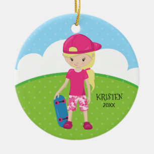 Ornamento De Cerâmica Natal personalizado do skate menina loura bonito