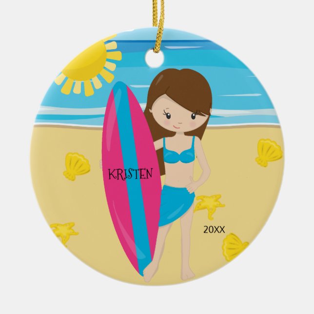 Ornamento De Cerâmica Natal personalizado do surfista menina triguenha (Frente)