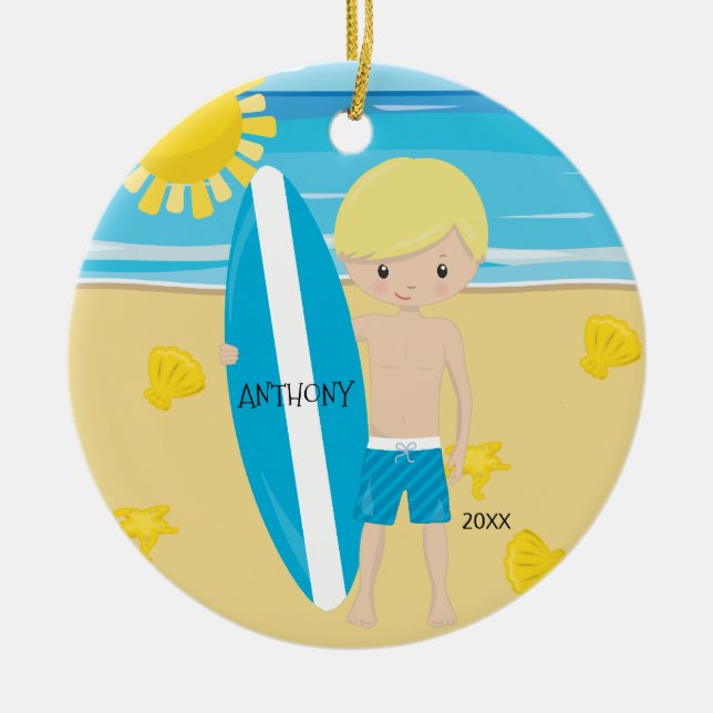 Ornamento De Cerâmica Natal personalizado do surfista menino louro (Frente)
