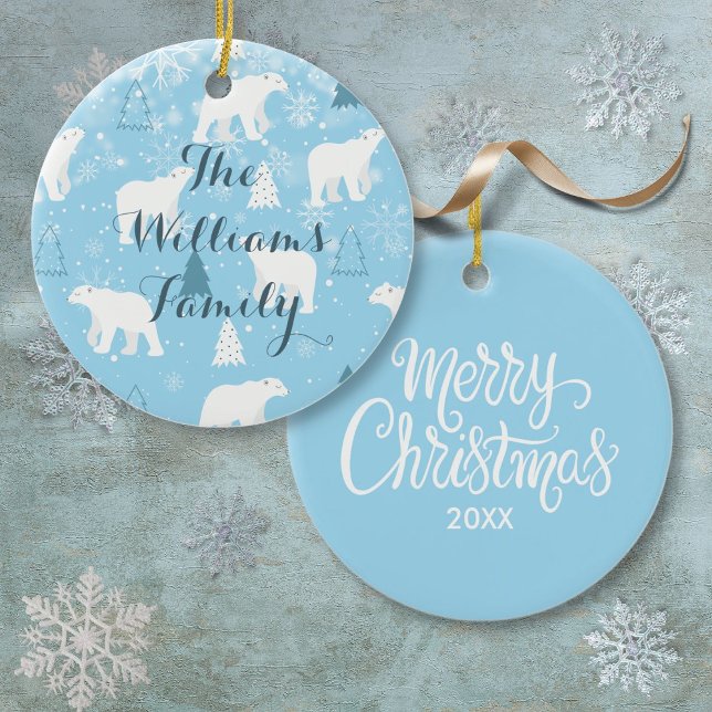 Ornamento De Cerâmica Natal personalizado do Urso Polar Flocos de Neve (Personalized Polar Bear Snowflakes Christmas Ceramic Ornament)
