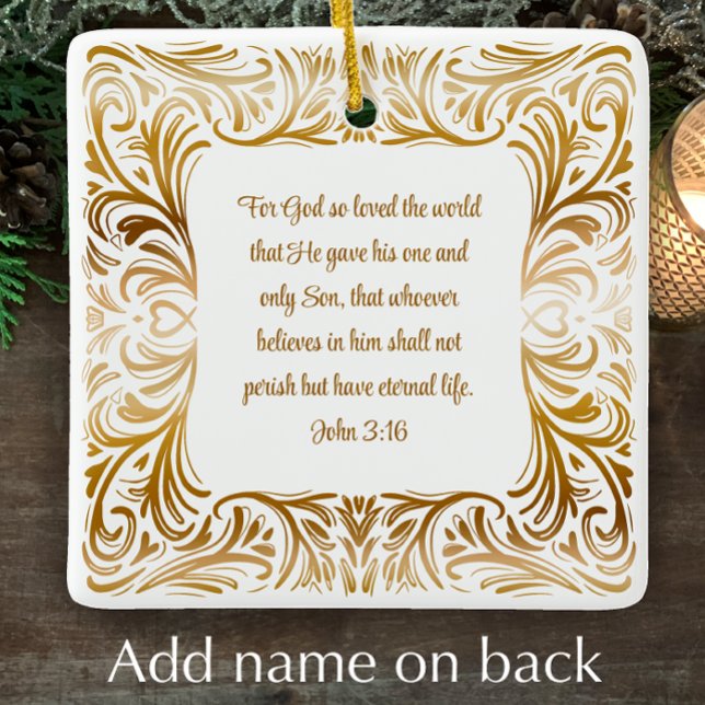 Ornamento De Cerâmica Natal Personalizado - Escritura de Bíblia do John  (Add your name and short note to personalize this beautiful John 3:16 Christmas ornament gift.
)