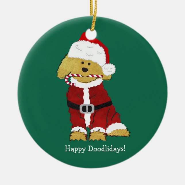 Ornamento De Cerâmica Natal personalizado Goldendoodle Papai Noel (Frente)
