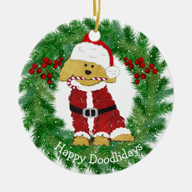Ornamento De Cerâmica Natal personalizado Goldendoodle Papai Noel (Frente)