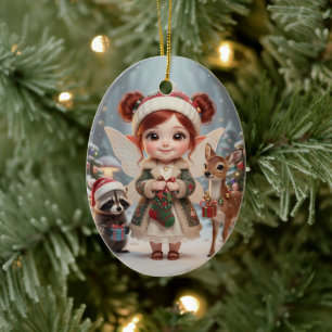 Ornamento De Cerâmica Natal Personalizado Menina Chibi Floresta Encantad