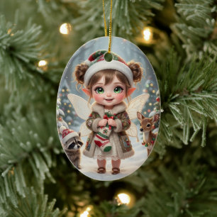 Ornamento De Cerâmica Natal Personalizado Menina Chibi Floresta Encantad