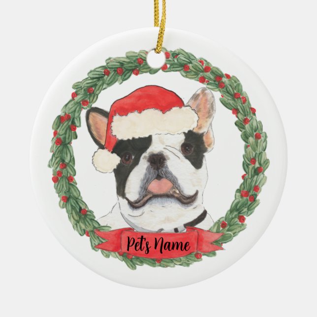 Ornamento De Cerâmica Natal Personalizado Preto e Branco Pied Frenchie C (Frente)