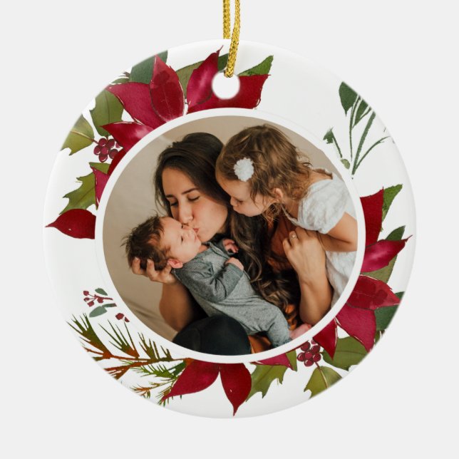 Ornamento De Cerâmica Natal Poinsettia Joyeux Noël Foto (Frente)