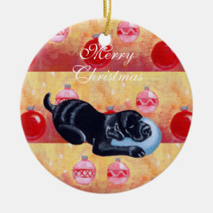 Ornamento De Cerâmica Natal preto personalizado do filhote de cachorro