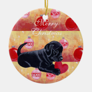 Ornamento De Cerâmica Natal preto personalizado do filhote de cachorro