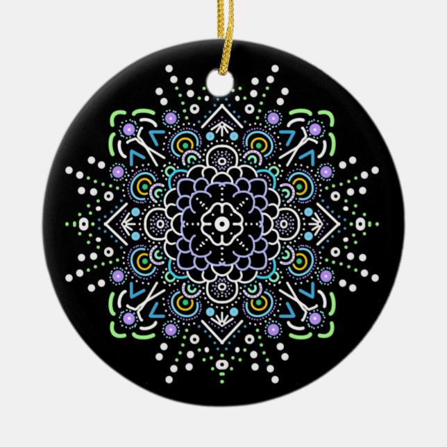 Ornamento De Cerâmica Natal preto, roxo e mandala verde (Frente)