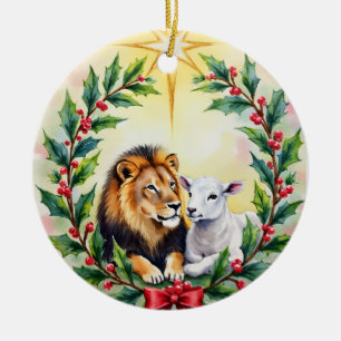 Ornamento De Cerâmica Natal Religioso O Leão e o Cordeiro e Estrela