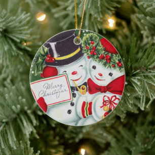 Ornamento De Cerâmica Natal retrô vintage adicionar mensagem casal neve