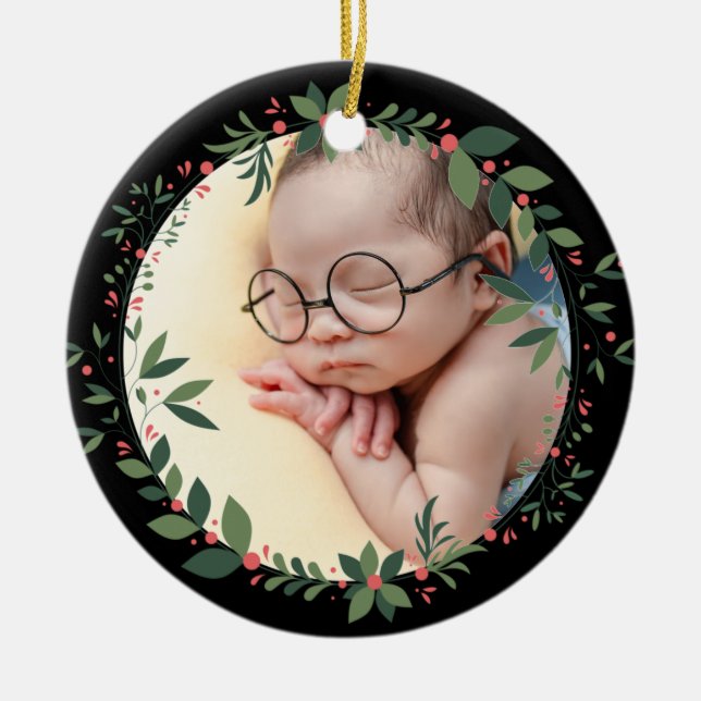 Ornamento De Cerâmica Natal Rustic Greenery no Primeiro Ano (Frente)