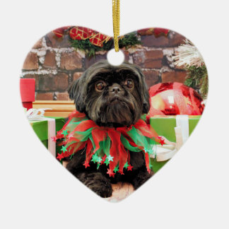 Ornamento De Cerâmica Natal - Shih Tzu - lírio