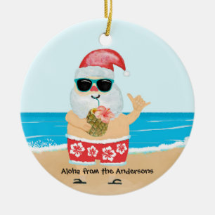 Ornamento De Cerâmica Natal Tropical Praia Havaiana do Papai Noel Aloha