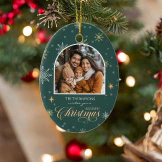 Ornamento De Cerâmica Natal Verde com Flocos de Neve Modernos