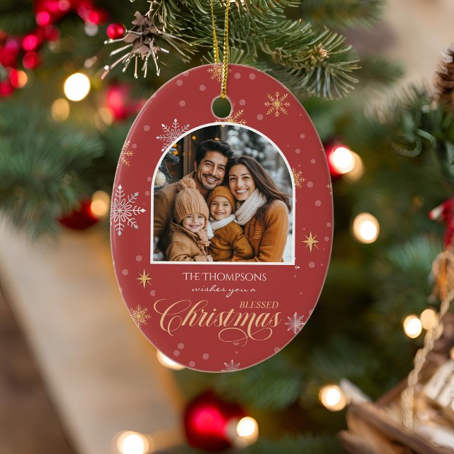 Ornamento De Cerâmica Natal Vermelho com Flocos de Neve Modernos (Criador carregado)