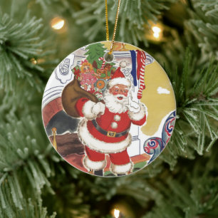 Ornamento De Cerâmica Natal vintage, Papai Noel alegre com presentes