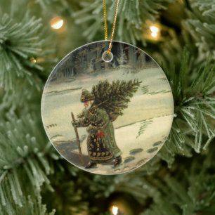 Ornamento De Cerâmica Natal vintage, Papai Noel que leva uma árvore