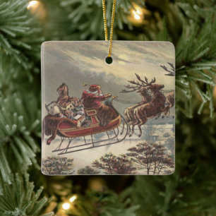 Ornamento De Cerâmica Natal vintage, Victorian Papai Noel no trenó