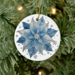 Ornamento De Cerâmica Natalina Poinsettia Azul e Prata Moderna
