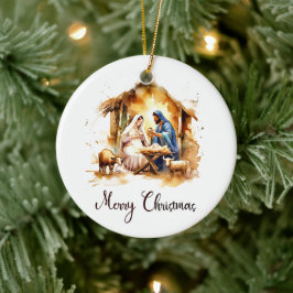 Ornamento De Cerâmica Natividade em Aquarela Feliz Natal