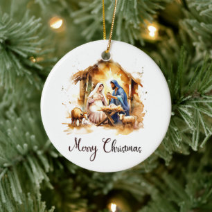 Ornamento De Cerâmica Natividade em Aquarela Feliz Natal