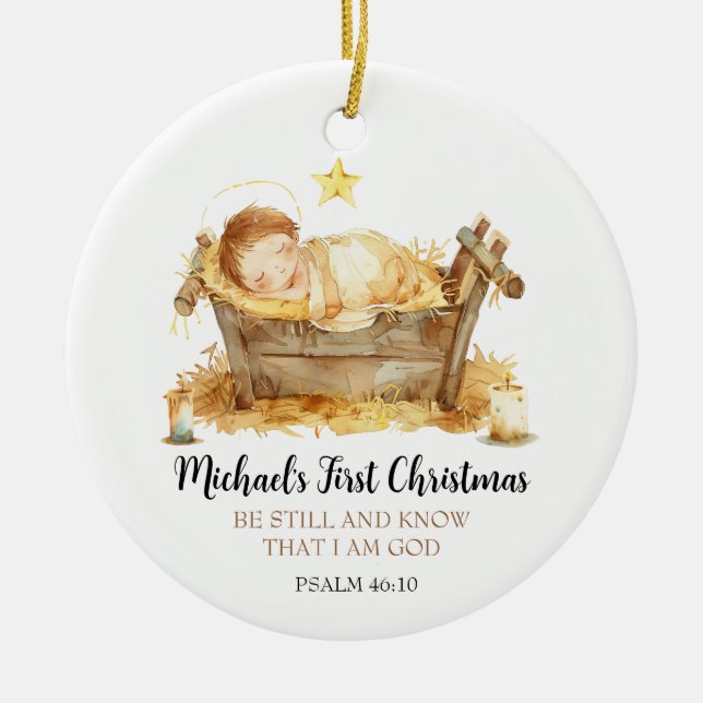 Ornamento De Cerâmica Nativity Bible Verse Baby's First Christmas (Frente)