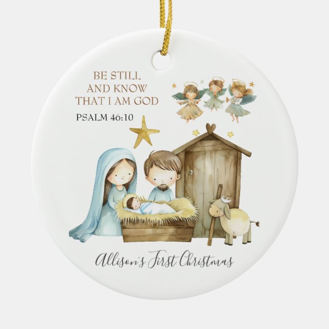 Ornamento De Cerâmica Nativity Manger Scene Bible Verse First Christmas (Frente)
