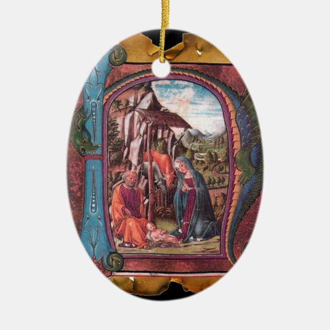 Ornamento De Cerâmica NATIVITY PARCHMENT Blue Gemstone Monogram (Frente)