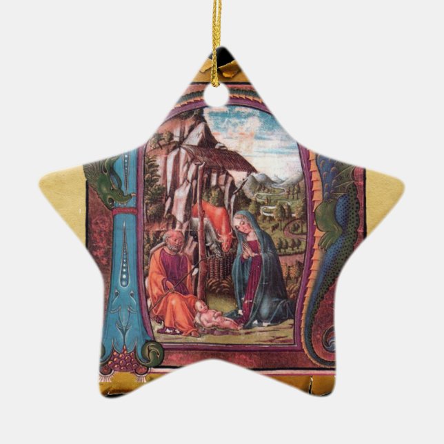 Ornamento De Cerâmica NATIVITY PARCHMENT STAR Blue Gemstone Monogram (Frente)