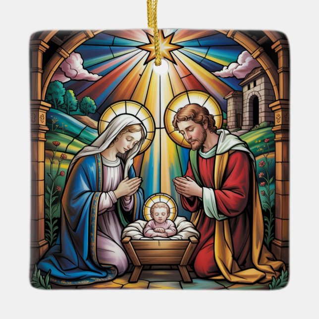 Ornamento De Cerâmica Nativity Stained Glass Art – Holy Family Christmas (Frente)