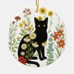Ornamento De Cerâmica Natureza Botânica – Gato Preto no Jardim de Flores