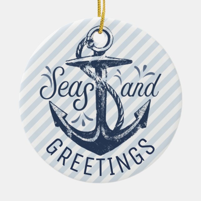 Ornamento De Cerâmica Nautical SEAsons Greetings | Blue and White Stripe (Frente)