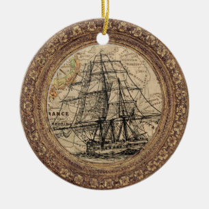 Ornamento De Cerâmica Navio Antigo E Mapa