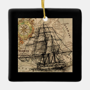 Ornamento De Cerâmica Navio Antigo e Mapa