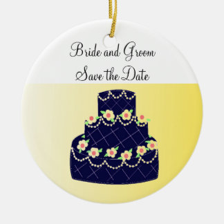 Ornamento De Cerâmica Navy Blue and Yellow Cake Save the Date