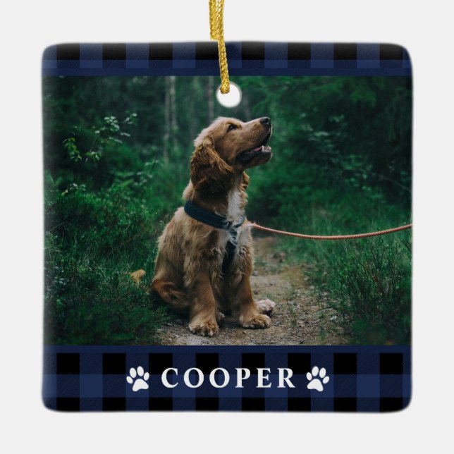 Ornamento De Cerâmica Navy Blue Tartan Plaid Dog Photo Ornament (Frente)
