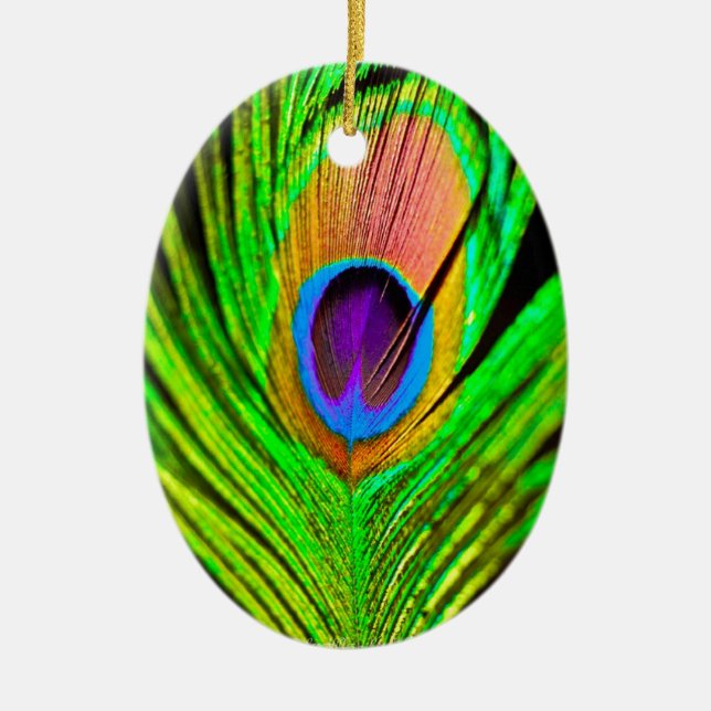 Ornamento De Cerâmica Neon Colors Peacock Feather (Frente)