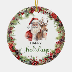 Ornamento De Cerâmica Nêveas de Papais noeis verdes e vermelhas elegante