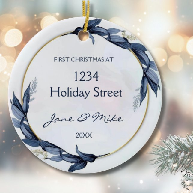 Ornamento De Cerâmica New Home Blue Floral First Home Christmas  (Criador carregado)