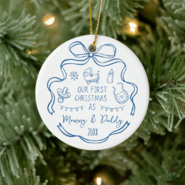 Ornamento De Cerâmica New Parents First Christmas Whimsical Blue Doodles