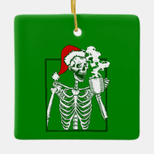 Ornamento De Cerâmica nightmare christmas skeleton drinking coffee skull