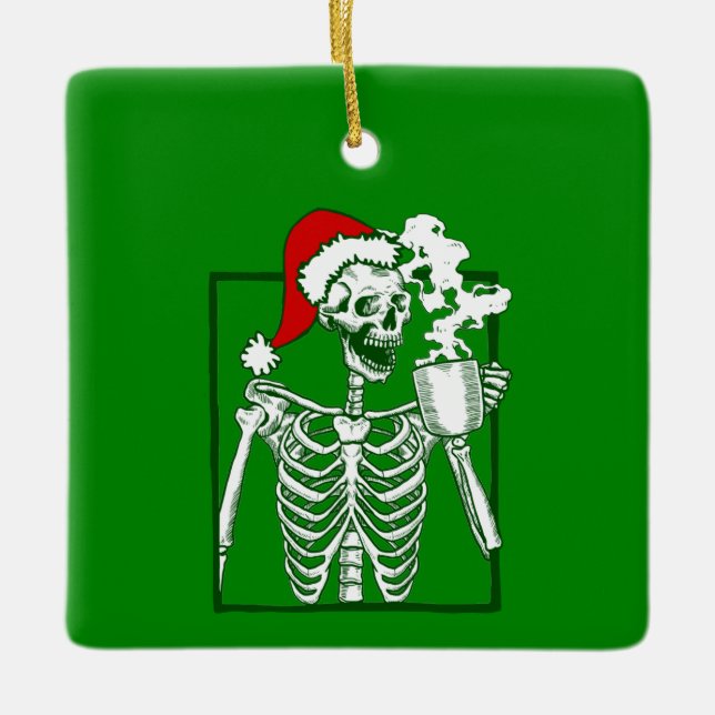 Ornamento De Cerâmica nightmare christmas skeleton drinking coffee skull (Frente)