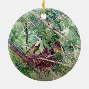 Ornamento De Cerâmica Ninho de Cheio, Pais e Pássaros