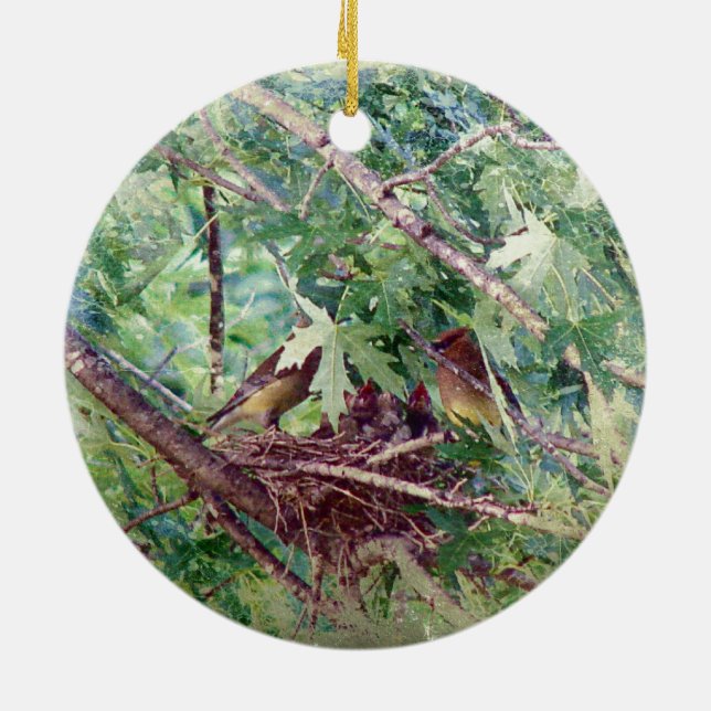 Ornamento De Cerâmica Ninho de Cheio, Pais e Pássaros (Traseira)