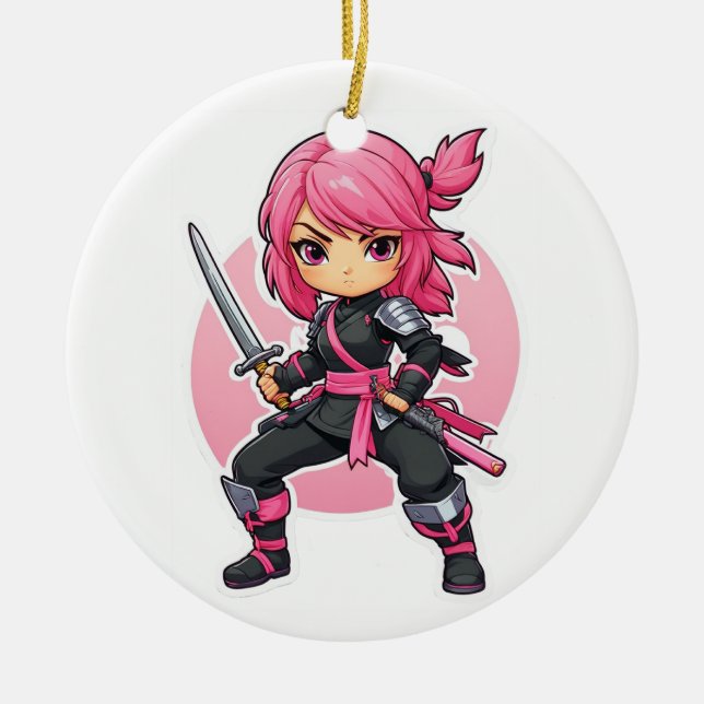 Ornamento De Cerâmica Ninja Girl Rosa (Frente)