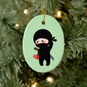 Ornamento De Cerâmica Ninja Tímido Corado Segurando Coração de Origami V